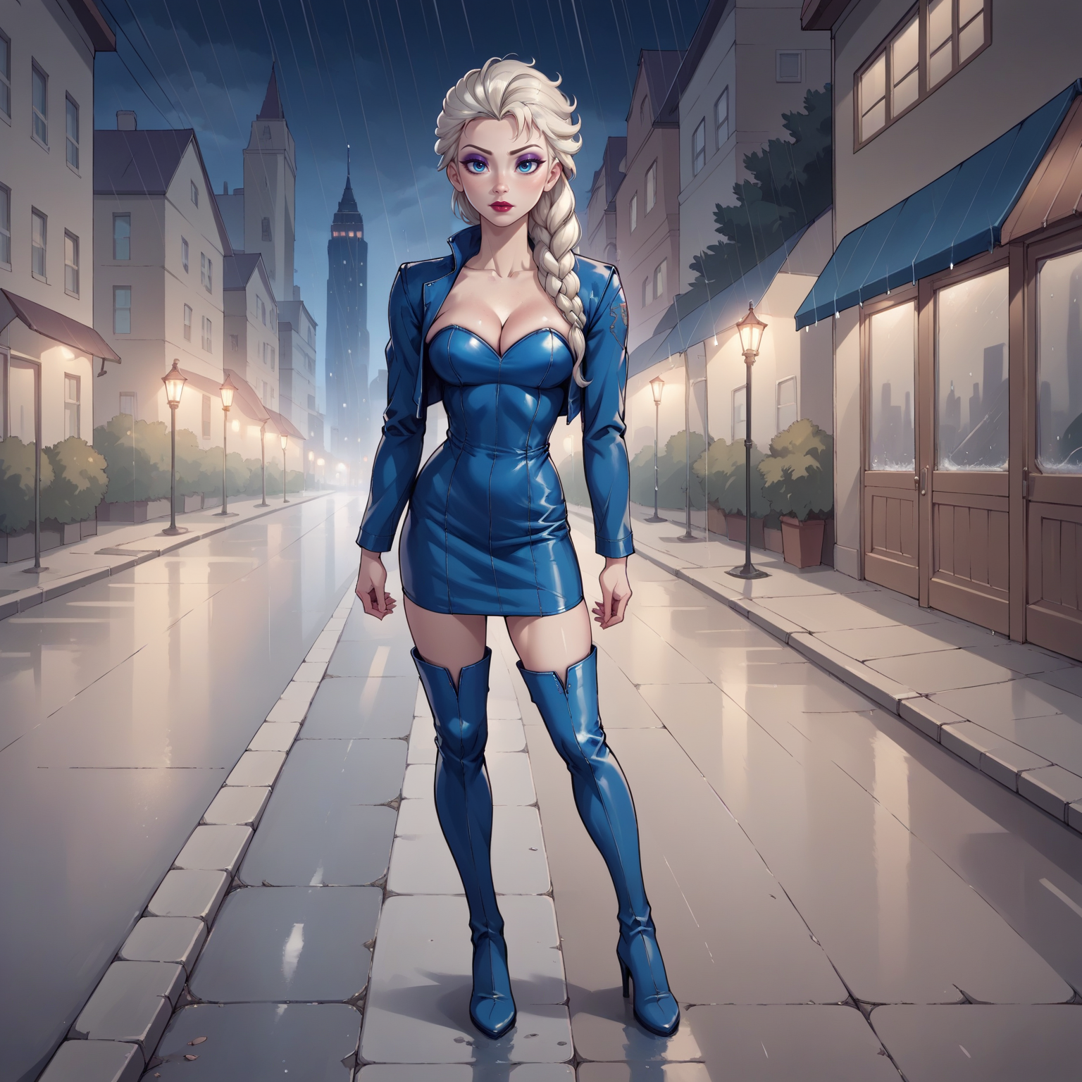 score_9, score_8_up, score_7_up, score_6_up, source_anime, elsa \(frozen\),  full body, woman, curvy, blond hair, makeup, lipstick, portrait, highres, 8k, eyeliner, eyeshadow, hud_blu_lthr, strapless blue leather short dress, blue leather, cropped jacket, cleavage, breasts, thigh boots,  <lora:hud_blu_lthrXLP-000008:0.7>, night, rain, sidewalk, cityscape,