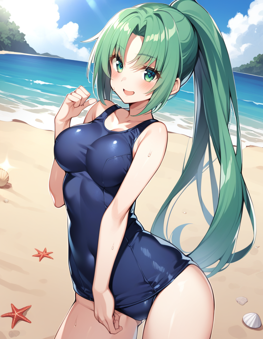 late,  1girl,   Mion Sonozaki, green hair, green eyes, ponytail,  school swimsuit, beach, <lora:lora-000009:1>,