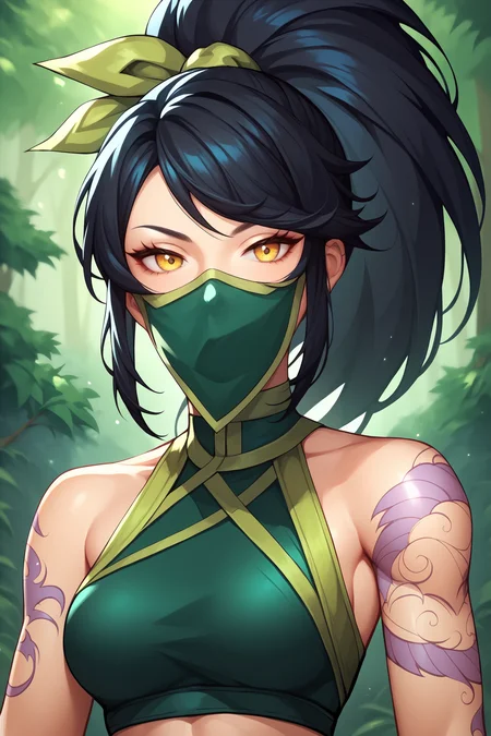 score_9, score_8_up, score_7_up, score_6_up, score_5_up, score_4_up, AkaliLoLXL, green mouth mask, yellow eyes, black hair, swept bangs, green ribbon, hair ribbon, long ponytail, arm tattoo, tattoo, medium breasts, bare shoulders, green crop top, (portrait shot, upper body), looking at viewer, forest, tree <lora:AkaliLoLXL:0.8>