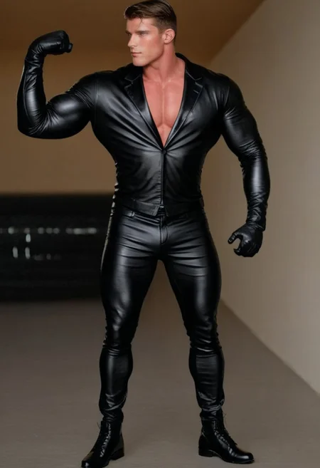 1man, black pants, gloves, pants, black leather gloves, tight black clothes, black opened leather blazer jacket, male focus, helmet, (black opened tuxedo leather blazer, tight black tuxedo shirt, standing, muscular male, muscular, huge biceps, bara, black leather gloves, black leather pants, black men leather shoes:1.8), black leather blazer jacket, tight black latex shirt, tight pants, standing up, flexing, taut black clothes, boots, large pectorals, large biceps, black opened leather blazer jacket, taut black latex shirt, black footwear, (sleek red Red Hood motorcycle helmet with solid white eye lenses, completely covers mouth:1.7), tropical beach<lora:KoraPhotography_PonyXL-000016:0.8>