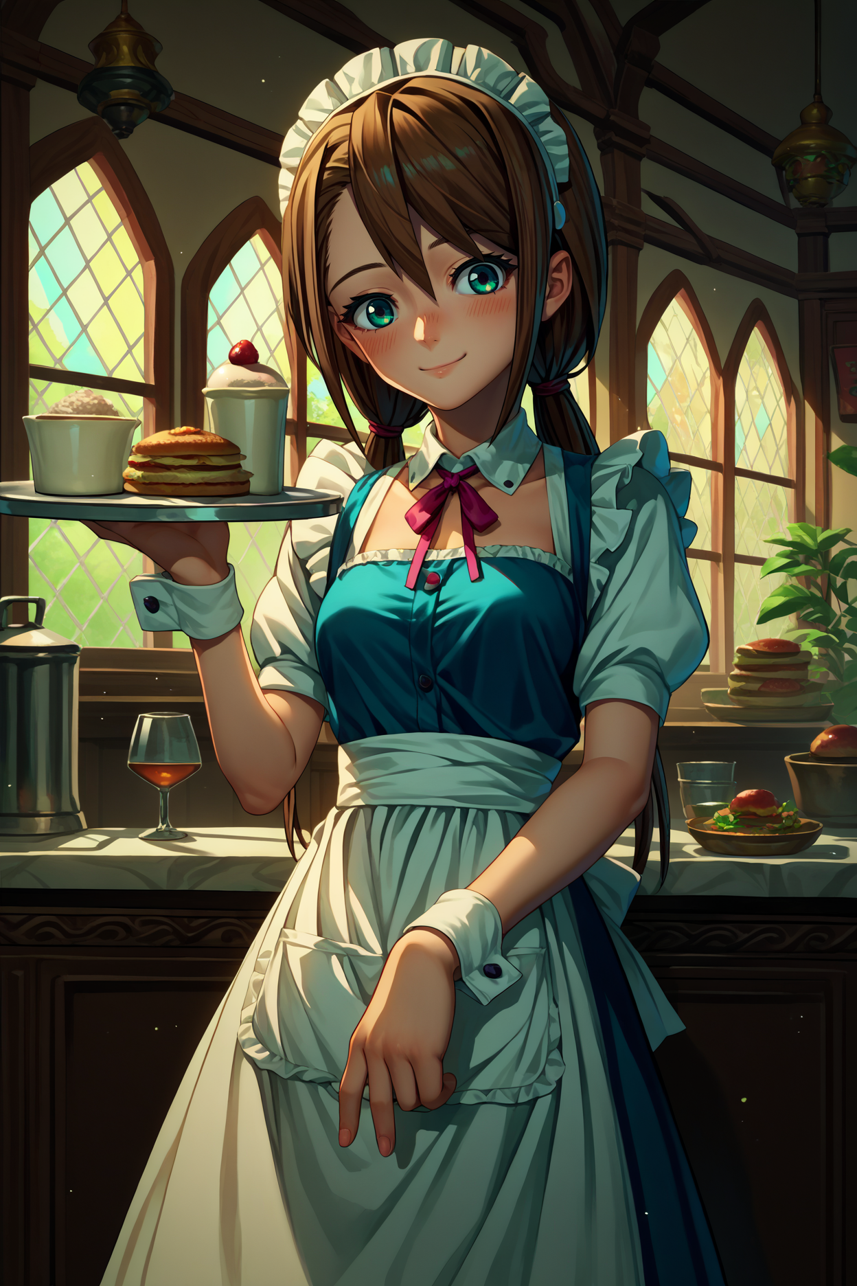 score_9, score_8_up, score_7_up, score_6_up, source_anime, 1girl, solo,  <lora:rnnae-pdxl-nvwls-v1-000005:1> tennoujinae, brown hair, low twintails, turquoise eyes, maid headdress, maid dress, apron, frills, looking at you, wrist cuffs, holding tray, indoors, smile, blush