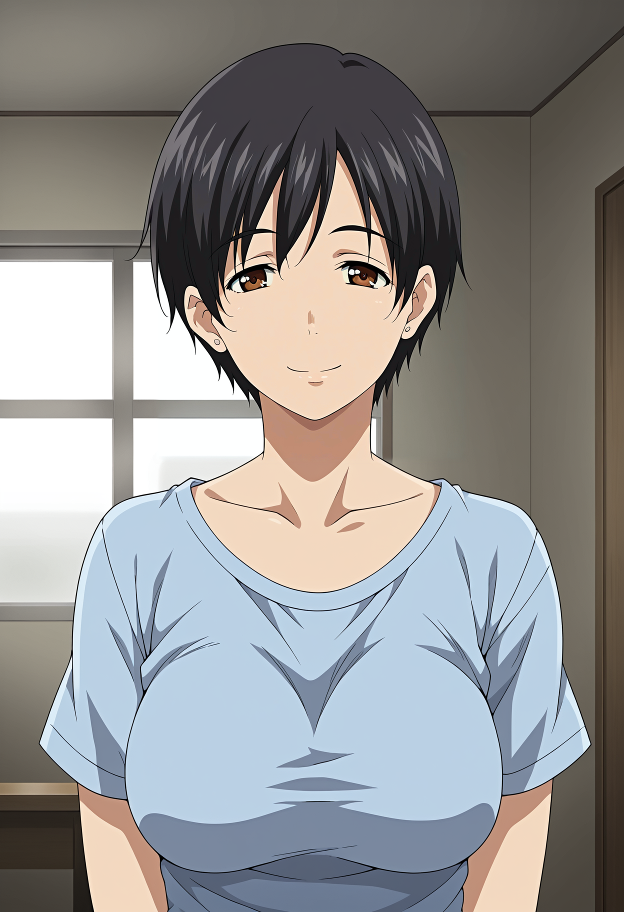 <lora:Chihiro-Houkago_Initiation:0.8>,Chihiro,mature female,1girl,solo,black hair,short hair,brown eyes,breasts,shirt,upper body,looking at viewer,indoors,smile