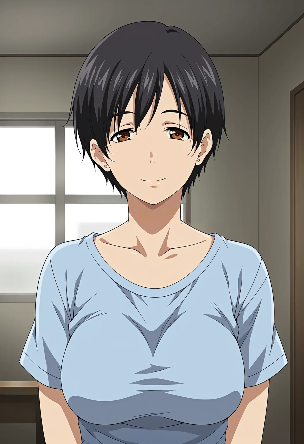<lora:Chihiro-Houkago_Initiation:0.8>,Chihiro,mature female,1girl,solo,black hair,short hair,brown eyes,breasts,shirt,upper body,looking at viewer,indoors,smile