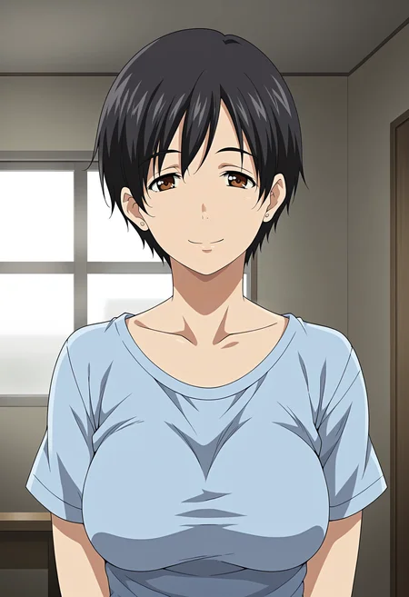 <lora:Chihiro-Houkago_Initiation:0.8>,Chihiro,mature female,1girl,solo,black hair,short hair,brown eyes,breasts,shirt,upper body,looking at viewer,indoors,smile