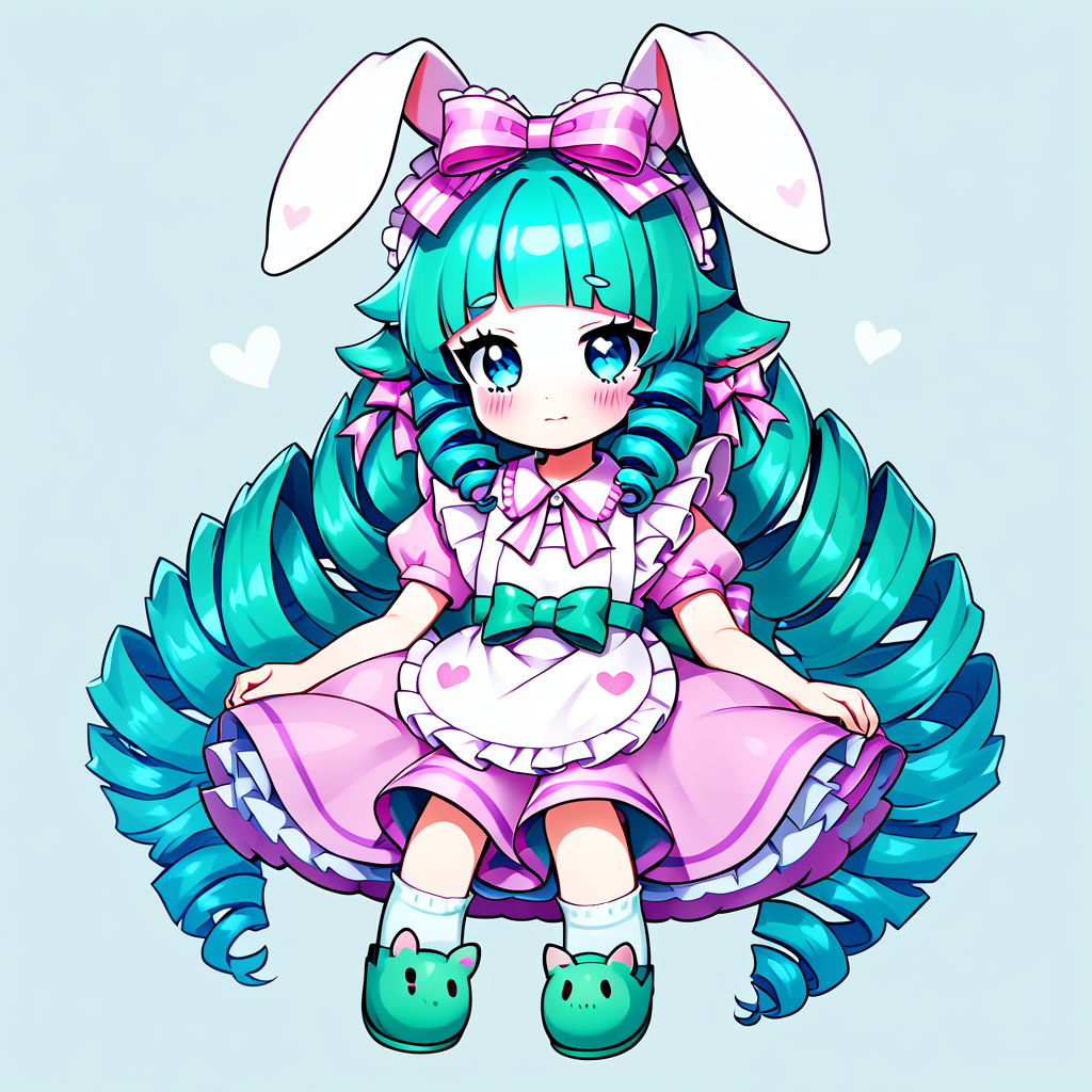 score_9, score_8_up, score_7_up, score_6_up, score_5_up, score_4_up, 
CuteStyle, 1girl, animal ears, rabbit ears, solo, long hair, green footwear, apron, bow, blush, hair bow, drill hair, slippers, simple background, very long hair, blue hair, bangs, socks, heart, frills, sitting, dress, looking at viewer, full body, frilled bow, frilled apron, blue eyes, closed mouth, green hair
<lora:Cute_Style_pony:0.8>