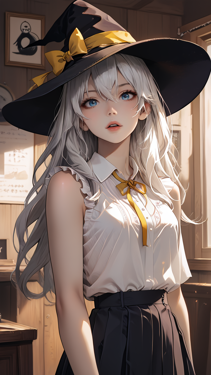 <lora:incase_style_v3-1_ponyxl_ilff:0.5> <lora:add-detail-xl:0.5> <lora:ncpy13 style_a:0.5> <lora:S1_Dramatic_Lighting_v2:0.5> <lora:Watercolor Anime Style LoRA_Pony XL v6:0.5>,detailed_background,indoors,solo,skirt,elaina \(majo no tabitabi\),yellow ribbon,grey hair,shirt,picter,pleated skirt,witch,hat,white hair,open mouth,majo no tabitabi,long hair,hair between eyes,ribbon,sleeveless,witch hat,1girl,blue eyes,sleeveless shirt,white shirt
