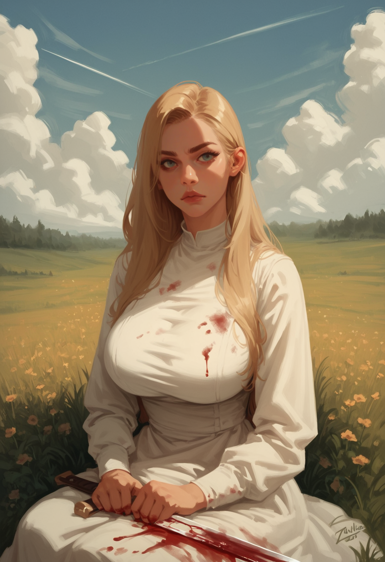 1girl, weapon, dress, long hair, solo, blonde hair, sword, blood on clothes, white dress, blood, looking at viewer, holding, holding weapon, outdoors, holding sword, , long sleeves, , field, sky, cloud, upper body, huge breasts,, expressionless, sitting,, zPDXL3, detailxl,  Score_PnyReal, (lineless:1.5)