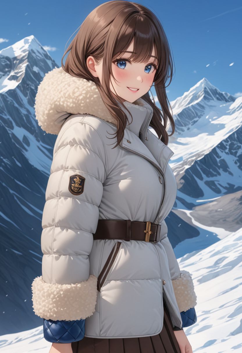 ((((white Oversized shearling down jacket)))), ((((white Oversized shearling puffer jacket)))), ((((white Oversized shearling winter clothes)))), ((((very very cold, in cold)))), ((((semi-realistic)))), ((((puffer hood)))), ((medium knee office skirt, pantyhose, boots)), ((((full length portrait)))), ((sharp eyelid, eyeliner, eyelashes, beautiful detailed eyes, tsurime, long messy brown hair, blue eyes, perfect anatomy)), detailed fingers, solo, smile, standing, icefield, ((((masterpiece)))), ((((best quality)))), ((intricate details)), RAW, 8K UHD, (1girl), office lady, detailed face, beautiful face, charming, bonny, (((blush))), (((heavy breathing))), (((feels orgasm))), wind, (Thick padded collar:1.4), (TSH:1.4), (Thick padded cuffs:1.4)