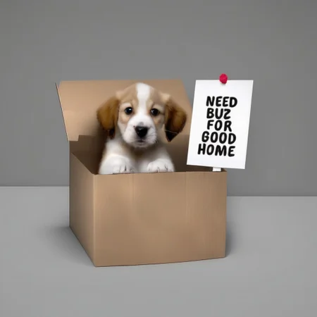 sad puppy in box with a sign saying "Need buz for good home"