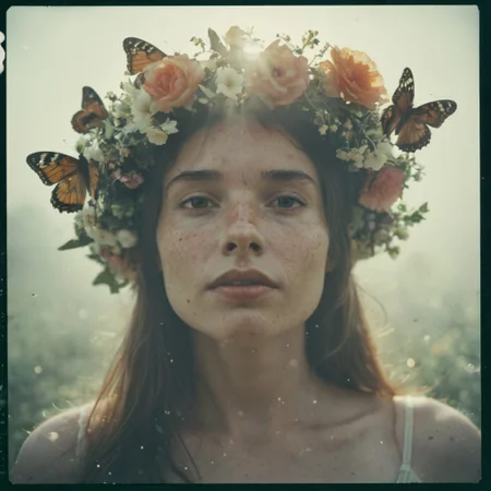 highly-detailed analog photo, polaroid film, close-up of a woman's face, prominent cheekbones, full lips, delicate freckles, a wreath of many flowers on her head, a dreamlike atmosphere, thick fog through which the sun's disc gently breaks through, butterflies in the air, cinematic light, shallow depth of field, bokeh, light leaks, grainy