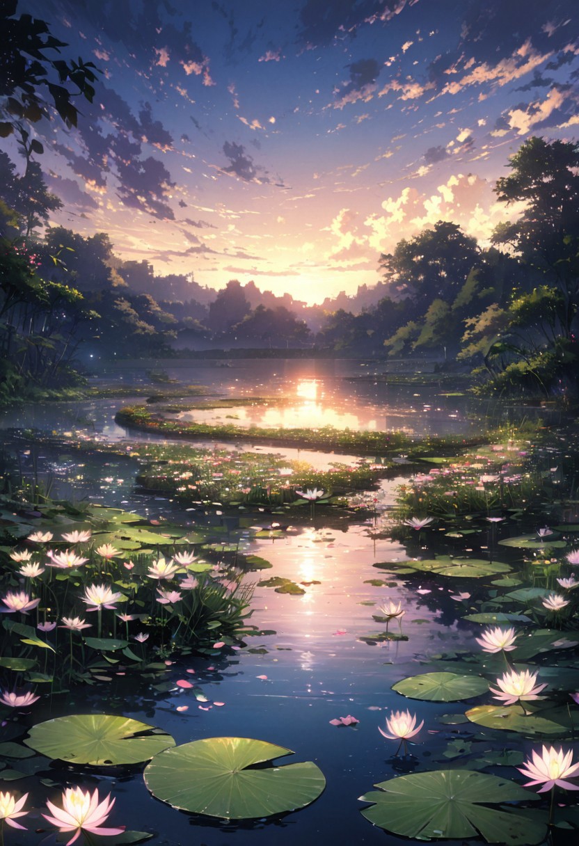 detailed background,( Calm spring night landscape), amongst lush greenery, beautiful view, Water lilies in full bloom, Water lilies, Unexplored, early morning, sunrise sky, beautiful clouds, dappled sunlight, beautiful, Tranquil Lake, Walkway, petals dancing in the wind, depth of field, masterpiece, best quality, ultra-detailed, very aesthetic, illustration, perfect composition, intricate details, absurdres, moody lighting, wisps of light, no humans,