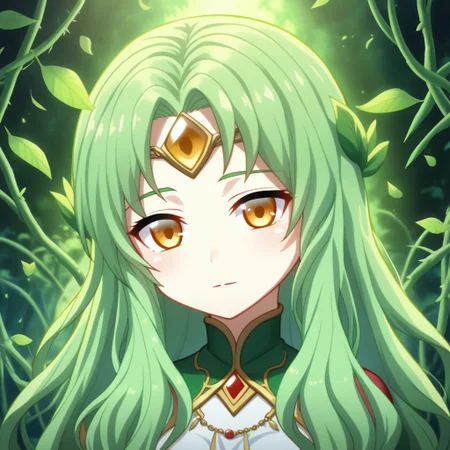 mana_sk style, portrait, focus on face, a serene nature guardian girl with long, wavy green hair adorned with small blossoms and bright amber eyes, wearing a delicate circlet made of vines and gemstones, her expression calm and protective, faint sunlight filtering through dense forest leaves in the background, Japanese RPG style, natural and mystical atmosphere, intricate details on her circlet and hair