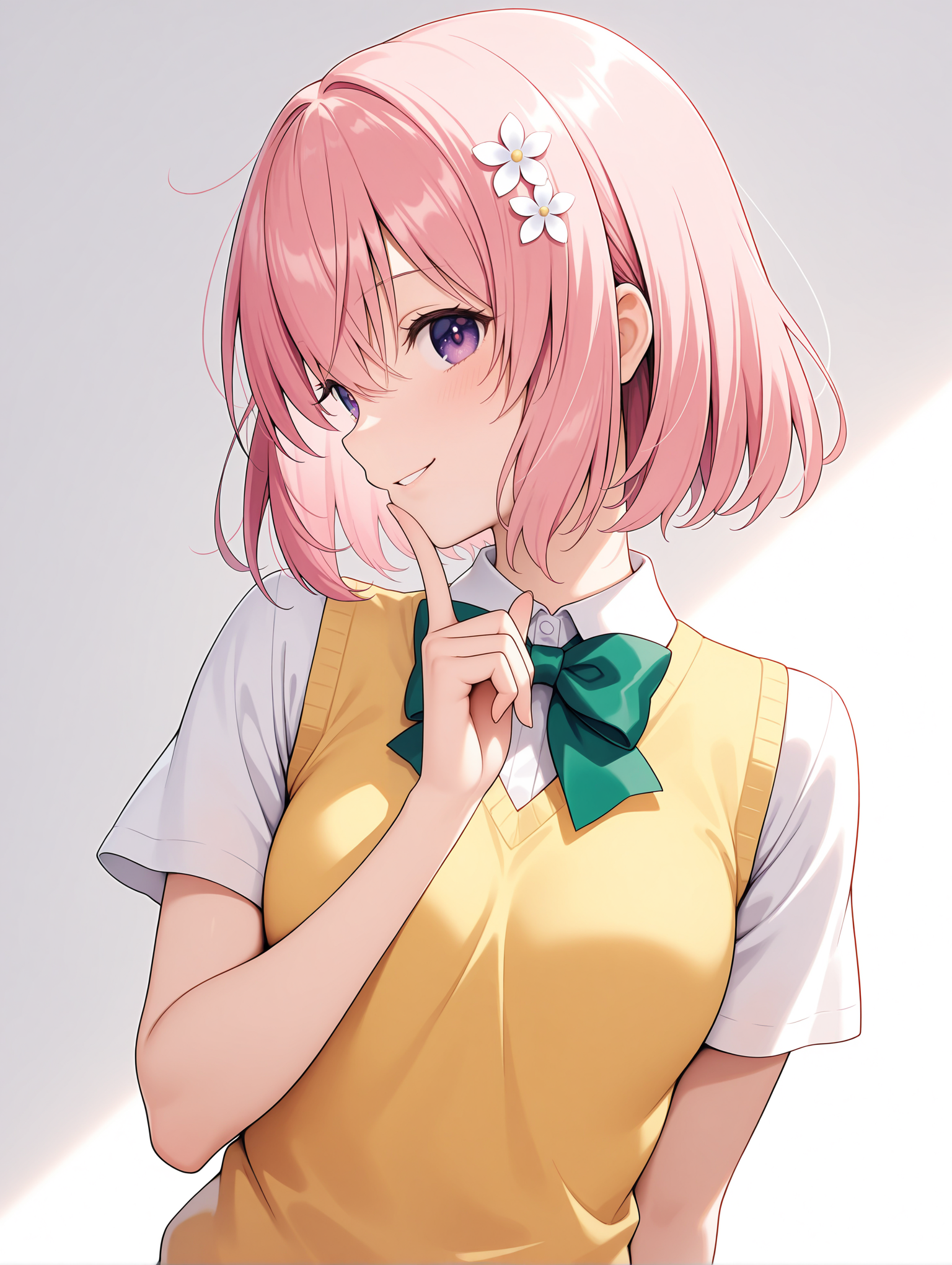 masterpiece,best quality,newest,1girl,solo,
<lora:momo_ilxl_v1.8:1>,momo,pink hair,purple eyes,short hair,h_o,hair ornaments,
m_clothes,short sleeve blouse,yellow vest,green bowtie,
<lora:Fixhands_anime_bdsqlsz_V1:1>,white_background,simple_background,upper_body,looking_at_viewer,standing,smile,finger to own chin,profile,