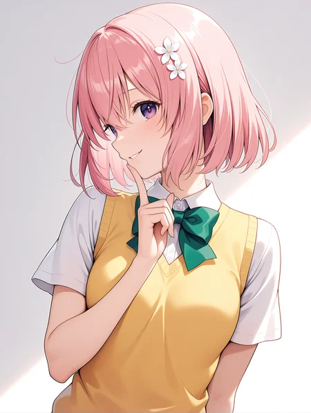 masterpiece,best quality,newest,1girl,solo,
<lora:momo_ilxl_v1.8:1>,momo,pink hair,purple eyes,short hair,h_o,hair ornaments,
m_clothes,short sleeve blouse,yellow vest,green bowtie,
<lora:Fixhands_anime_bdsqlsz_V1:1>,white_background,simple_background,upper_body,looking_at_viewer,standing,smile,finger to own chin,profile,