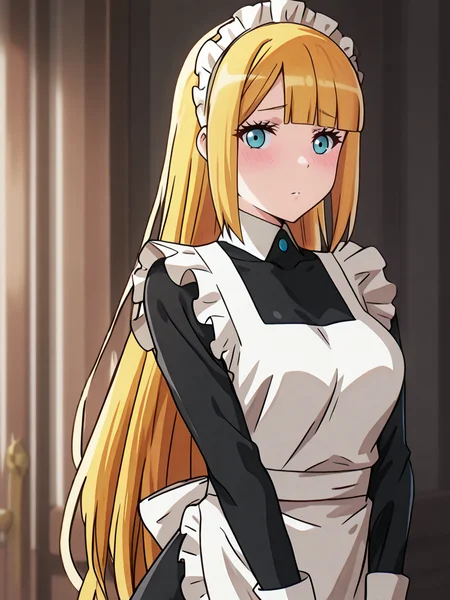 (masterpiece, very aesthetic, absurdres, best quality, high quality, cinematic shadow:1.4), body blush,character focus,perfect hands,medium breasts,sidelocks, cowboy shot, <lora:HandFixer_pdxl_Incrs_v1:1> handfixer,looking at viewer,<lora:StS-Illustrious-Detail-Slider-v1.0:4>, ,, <lora:eyelashext_v10:1>, <lora:tuareninya:1>, tuareninya,long blonde hair,straight hair,bangs,blunt bangs,blue eyes, tuareninyamaid,maid,maid headdress,frilled white maid apron,frills,black long sleeves dress, covered collarbone