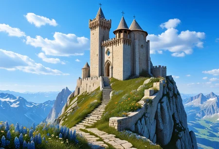 a  crusader watchtower on a (tall rock spire),  (13th Century:1.5), a stairway to the watchtower, gate, doorway, very wide shot, far out shot, fantasy, blue sky, alpine meadow flowers, best quality, masterpiece, realistic, photo-realistic, amazing, finely detail, ultra-detailed, highres, extremely detailed, 8k wallpaper