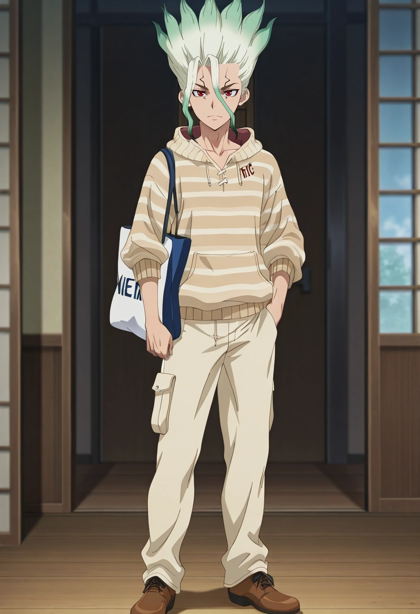 masterpiece, best quality, , anime screencap, anime coloring, official style, , 1boy, solo, male focus, <lora:senkuu_ishigami_ilxl:0.94>, senkuu_ishigami, green hair, red eyes, multicolored hair, two-tone hair, white hair, facial mark, , Quatrefoil PistachioGreen Lycra Khaki pants, Striped PlumPurple Half-zip sweater, Derby shoes, , Tote Bag and
