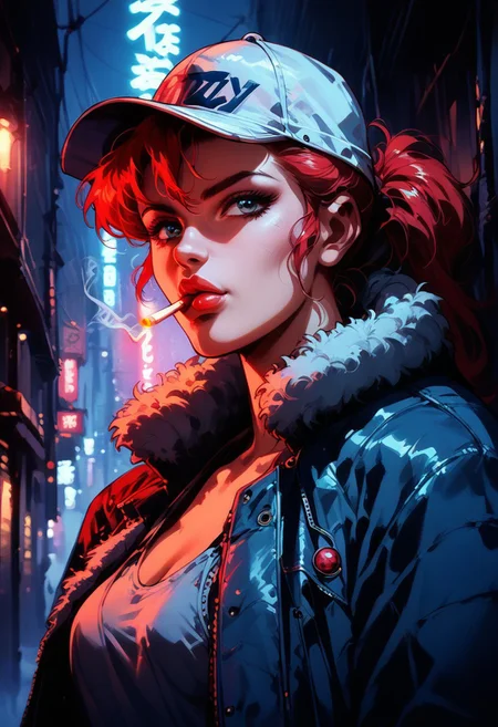 score_9, score_8_up, score_7_up, 1girl, cherry red hair, ball cap, bomber jacket, tan skin, perfect face, face and eyes detail, smoking, cigarette between lips, face focus, dynamic pose, shapely, slums, urban sprawl, neon, concept art, chromatic, retro, in shadow