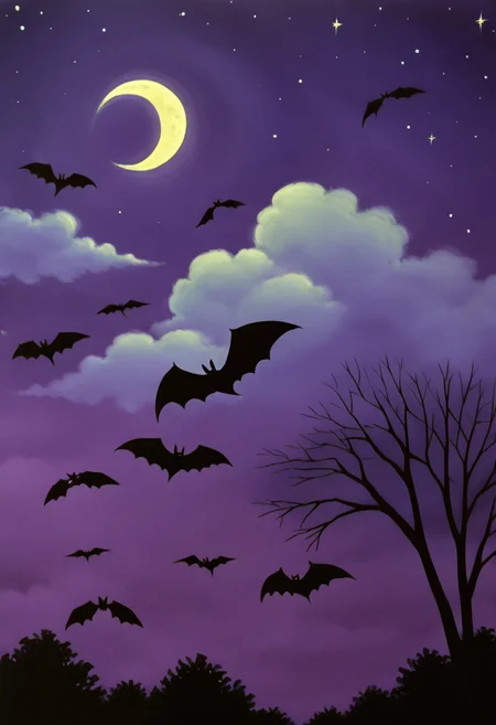 <lora:StylizedNightscape_IXL:1.0>, N1ght, sky, cloud, tree, moon, cloudy sky, star (sky), flying, bat (animal), crescent moon