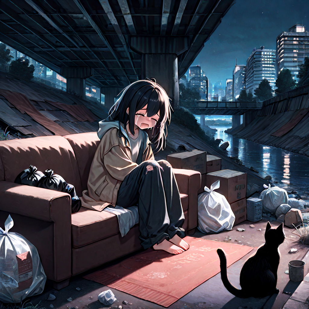 absurdres, explicit, shack under bridge, deep shadow, sitting on sofa, knees up, 1girl, crying, closed eyes, blanket, open jacket, torn clothes, oversized clothes, cat, box, fog, city, tree, rock, weeds, ruins, river, water, building, scenery, outdoors, trash bag, night, night sky, city lights, <lora:girlhateshackunderbridge_ilxl:1>