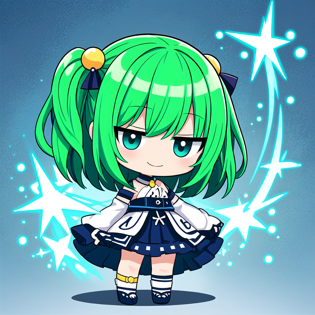 <lora:hotarueye_jitome17_v100:1> <lora:lcm-lora-sdv1-5:1>, 1girl, (chibi:1.4), smile, closed mouth, dynamic angle, standing, , green hair,