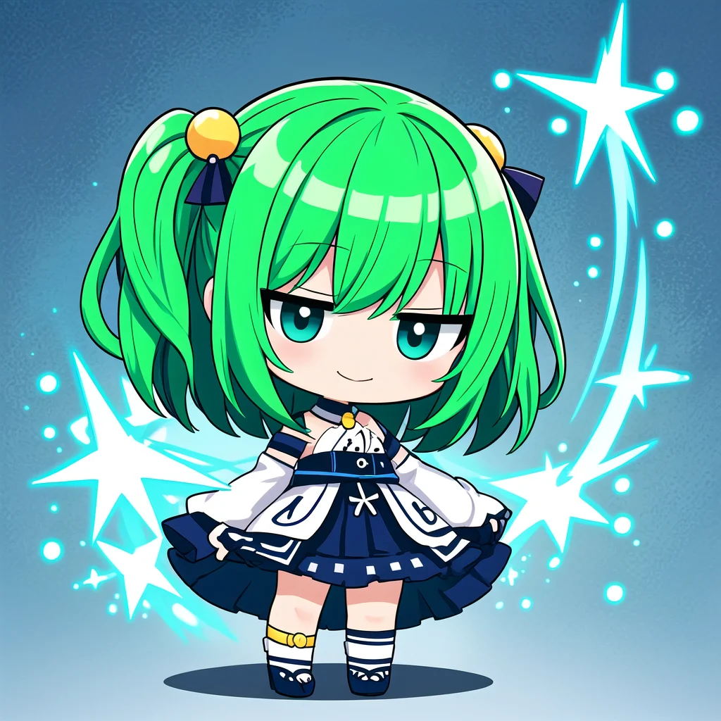<lora:hotarueye_jitome17_v100:1> <lora:lcm-lora-sdv1-5:1>, 1girl, (chibi:1.4), smile, closed mouth, dynamic angle, standing, , green hair,