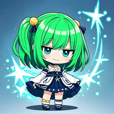 <lora:hotarueye_jitome17_v100:1> <lora:lcm-lora-sdv1-5:1>, 1girl, (chibi:1.4), smile, closed mouth, dynamic angle, standing, , green hair,