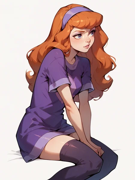 score_9, score_8_up, score_7_up, score_6_up, score_5_up, <lora:DaphneBlakeXLP:0.6> daphne blake, 1girl, solo, hairband, long hair, orange hair, t-shirt, black thighhighs, white background,