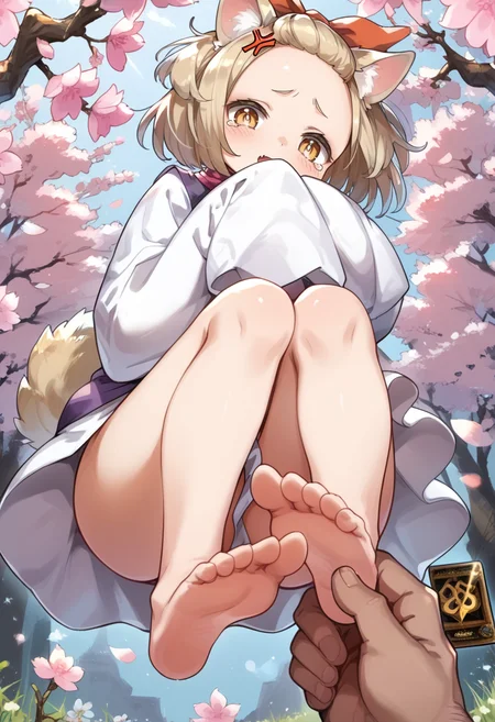 (score_9:0.9),score_8_up,score_7_up,rating_safe,anime style,(zPDXL),(zPDXL3),<lora:Ash Blossom & Joyous Spring ponyXL v1:0.75>, ash blossom & joyous spring, 1girl, anger vein, barefoot, blush, sleeves past wrists, soles, cherry blossoms, toes, pov, solo focus, bare legs, card, from below, tears, branch, flower, fang, looking at viewer, white kimono, floating