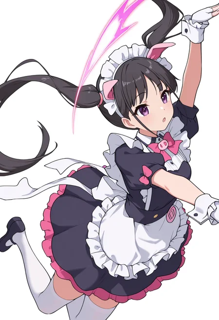 Smooth Quality,masterpiece,very intricate, high quality details, ultra realistic, high detailed skin,detailed enviorement,absurdres,
 <lora:Hiiragi_Yume_Yumechi_CNR:1> hiiragi_cnr, black hair, long hair, twintails, purple eyes,fake animal ears, pig ears, hiiragi_maid_cnr,maid, maid headdress, maid apron, frilled apron, black dress, puffy short sleeves,white thighhighs, black footwear,fingerless gloves,white wrist cuffs,pink bowtie, frills,, simple background, white background, sideways,solo,
jumping pose, arms spread wide, legs bent mid-air, joyful expression, dynamic energy,  ,, 0w0,