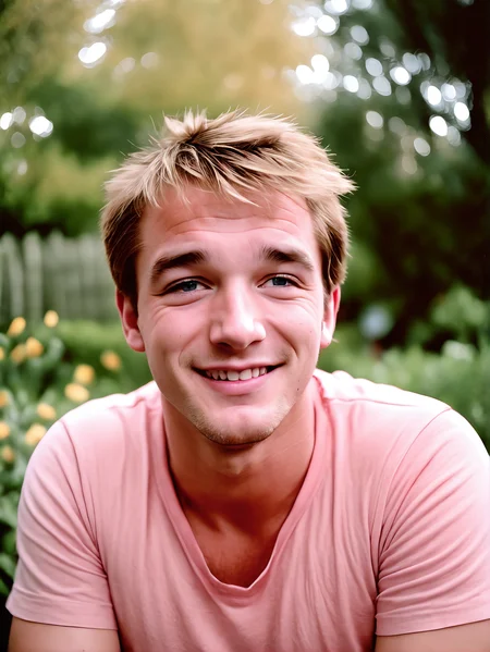 michaelsynth:0.3 man portrait, closeup:2, face focus, in the garden, laughing