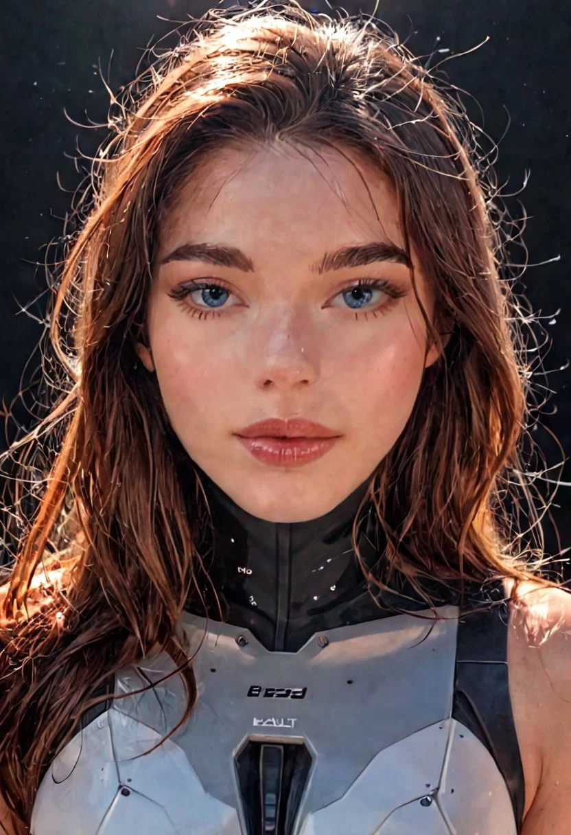 score_9, Raw Photo, (right three-quarter angle:1.3), 4ng3l face, bright blue eyes, subtle optimistic look, brown hair with movement:1.1, elegant eyebrow curve, defined cheekbones, small careful smile:1.2, reserved happy expression, flawless skin:1.2, facial harmony:1.2, ultra sharp facial details:1.4, tech suit elements, gentle lighting:1.3, cinematic color grading, sharp details:1.4, realistic skin texture:1.4, super detailed, photo realistic, masterpiece