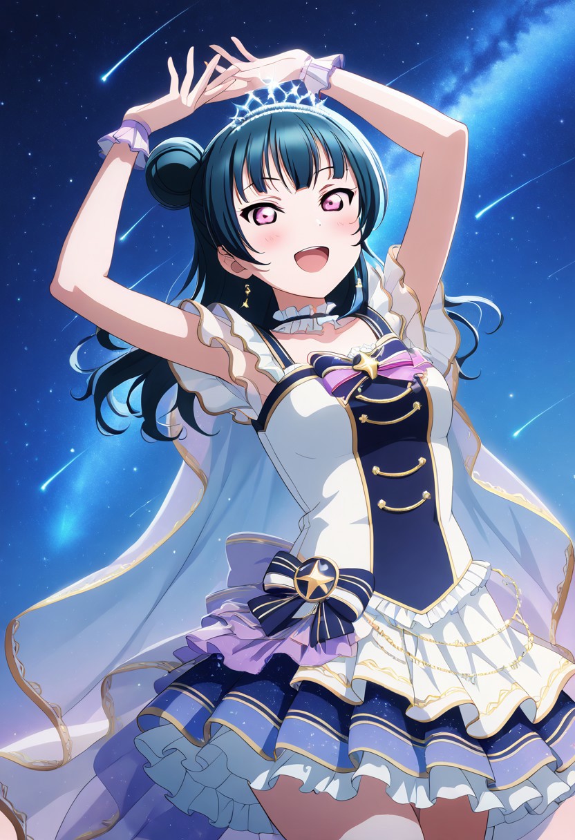 masterpiece, best quality, solo, 1girl, aged up, happy, 
 yoshiko_tsushima, tsushima_yoshiko, long hair, bangs, blue hair, pink eyes, single hair bun, celestial-themed idol costume, navy and silver layered dress, shooting star motifs, translucent cape, sparkling tiara, floating stage in a starry sky, constellations shining above, comet trails, arms raised toward the heavens, divine and ethereal performance