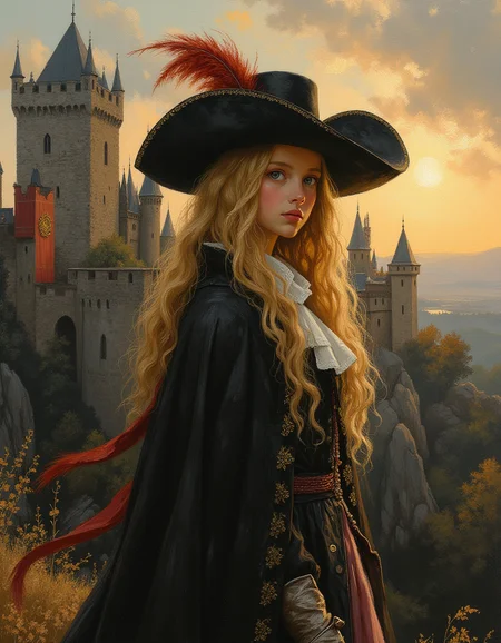 An oil painting of a female musketeer stands proudly in front of a grand medieval castle, her feathered hat tilted at a jaunty angle. She wears an elegant yet practical attire with a flowing cape, and leather boots. She has long blond hair, blue eyes, and very white skin. The castle looms behind her with towering stone walls, majestic turrets, and banners fluttering in the wind. The sky is painted with the warm hues of a setting sun, casting a golden glow on the entire scene.
Oil painting by John Singer Sargent. Focus on the girl, shadow and light, Masterpiece, intricate lines, intriguing atmosphere, sharp magnificent details, delicate features, elaborate details, (2\3 rule composition:0.5), ultra detailed, romantic, Rembrandt lighting, brush stroke, lovely, novuschroma, del1cate_balance style, in the style of Rembrandt. vantablack <lora:style_of_Rembrandt_FLUX_135:.7> <lora:- Flux1 - vanta_black_V2.0:.3> <lora:113_novuschromaFLX_1:.4>  <lora:Delicate_Balance:.3> <lora:neeeg_f1:-1>