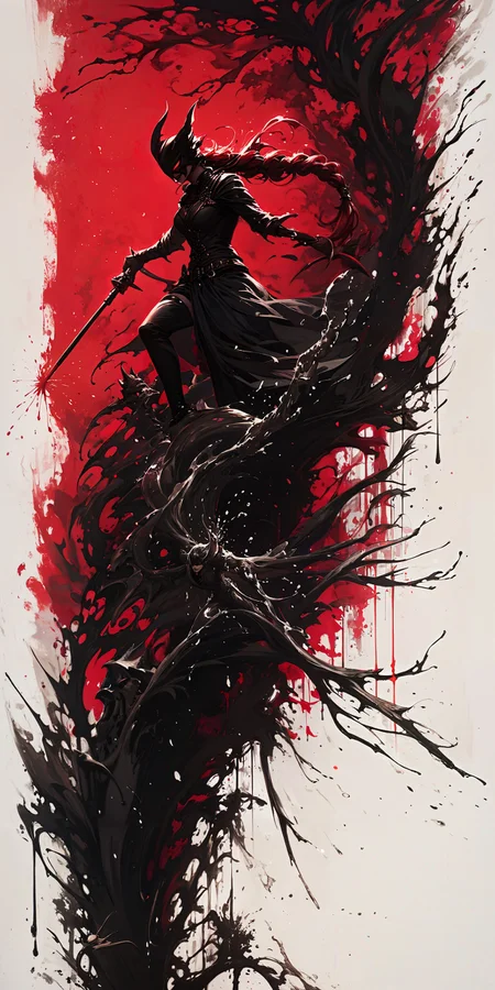 score_9, score_8_up, score_7_up,  thick lineart, sharp edges,  clear focus,  Ink painting with splashes of ink and red color. Dark devil knight in the style of Yoji Shinkawa and Dominik Mayer, an epic dynamic scene with a symmetrical composition on the left side. The dark atmosphere is enhanced by complex details with black brush strokes, creating a strong contrast between light and shadow in a full-body shot.
<lora:sinfully_stylish_SDKL:1> <lora:add-detail-xl:1>