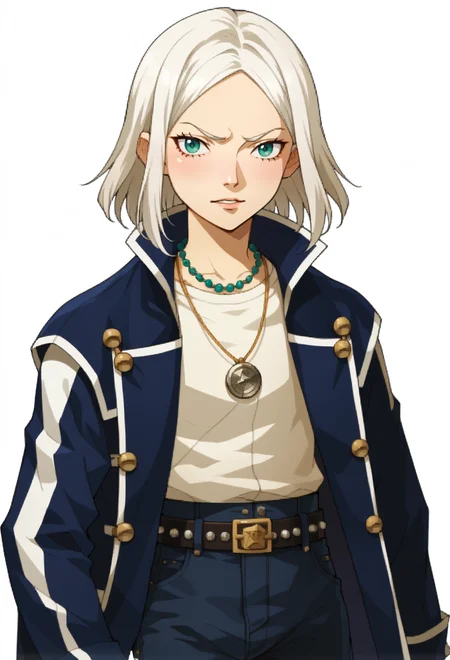 score_9, score_7_up, source_anime, BREAK <lora:zs_SMTIVPortraitsXL_2:0.9> smtivportraits, portrait, white background, solo,, 1boy, teal eyes, tsurime, parted bangs, white hair, medium hair, straight hair, shoulder-length hair, coat, shirt, pants, studded belt, multiple belts, combat boots, torn clothes, necklace, black coat,