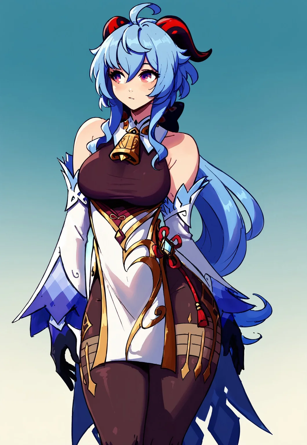 score_9, score_8_up, score_7_up, score_6_up, adult woman, curves, 1girl, solo, ganyu, long hair, low ponytail, ahoge, horns, bare shoulders, neck bell, bodystocking, white dress, gold trim, flower knot, detached sleeves, black gloves, pelvic curtain, thighlet, pantyhose, simple background, gradient background BREAK intricate details, hyper detailed, raichiyo33