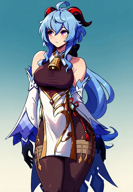 score_9, score_8_up, score_7_up, score_6_up, adult woman, curves, 1girl, solo, ganyu, long hair, low ponytail, ahoge, horns, bare shoulders, neck bell, bodystocking, white dress, gold trim, flower knot, detached sleeves, black gloves, pelvic curtain, thighlet, pantyhose, simple background, gradient background BREAK intricate details, hyper detailed, raichiyo33