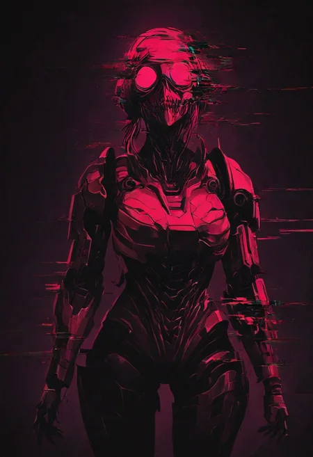 masterpiece, best quality, amazing quality, very aesthetic, absurdres, newest, cyberpunk samurai, neon holographic armor, glitch art aesthetic, digital distortion, corrupted visual artifacts, dark sci-fi setting,