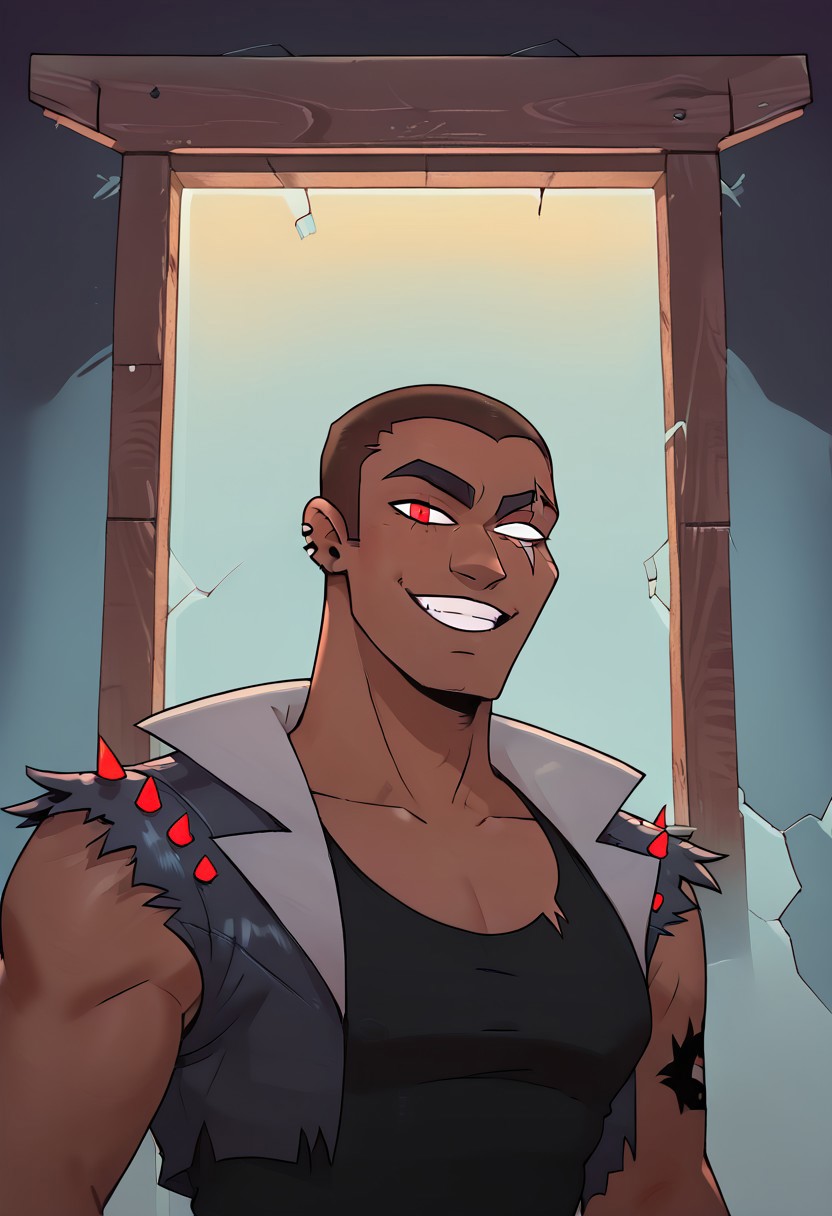SCORE_9, SCORE_8_UP, SOURCE_ANIME, REALISTIC, FROM BELOW, CLOSE-UP, PORTRAIT, BREAK, 1MALE, VORTEX (HELLUVA BOSS), HUMAN FORM, DARK SKIN, (SCAR ACROSS EYE), (BLANK GLASS EYE), RED EYE, EAR SLITS, ARM TATTOO, TANK TOP, SPIKED LEATHER VEST, BLACK VEST, GESUGAO, BREAK, IN HAUNTED HOUSE, SPOOKY, WOOD WALLS, COB WEBS, DIM LIT, HIGH RESOLUTION, VIVD TEXTURES