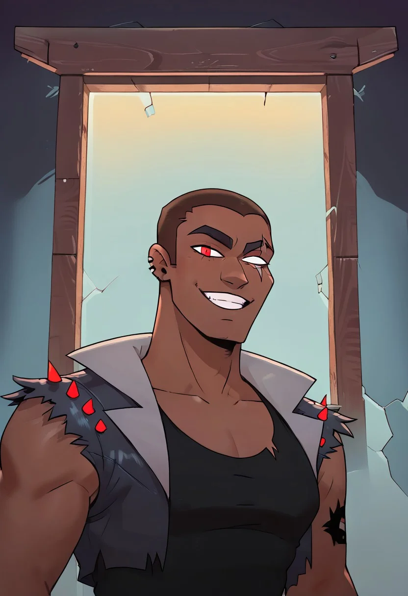 SCORE_9, SCORE_8_UP, SOURCE_ANIME, REALISTIC, FROM BELOW, CLOSE-UP, PORTRAIT, BREAK, 1MALE, VORTEX (HELLUVA BOSS), HUMAN FORM, DARK SKIN, (SCAR ACROSS EYE), (BLANK GLASS EYE), RED EYE, EAR SLITS, ARM TATTOO, TANK TOP, SPIKED LEATHER VEST, BLACK VEST, GESUGAO, BREAK, IN HAUNTED HOUSE, SPOOKY, WOOD WALLS, COB WEBS, DIM LIT, HIGH RESOLUTION, VIVD TEXTURES