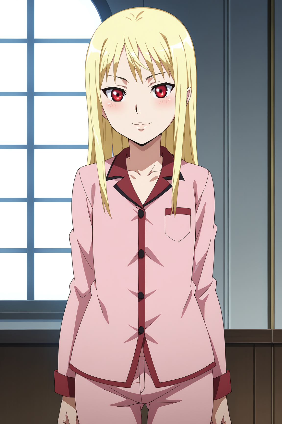 score_9, score_8_up, score_7_up, source anime, prefect lighting, very aesthetic, BREAK, anime screencap, anime coloring,
<lora:mina_tepes_v1:1>, 1girl, mina tepes, dance in the vampire bund, blonde hair, red eyes, flat chest, pajamas,
BREAK, light smile, blush, wide hips, 
BREAK,