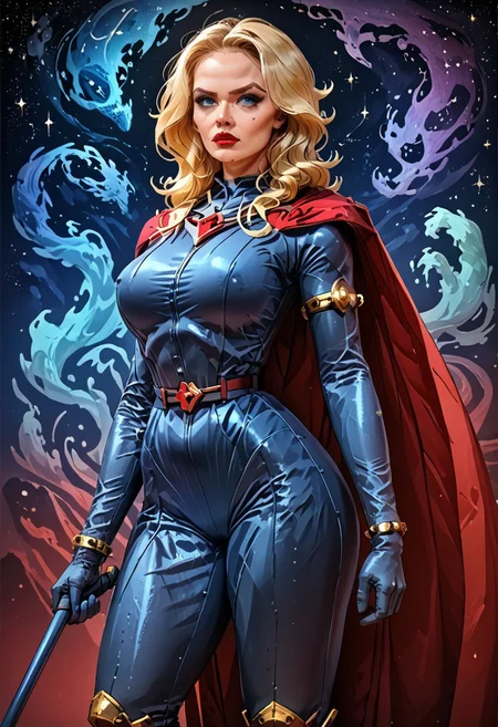 starry_morph, MILF, 32 years old, blonde hair, black leather vampire cape, sloppy wavy hair, sexy red boots, revealing outfit, red lips, mascara, eyelashes, hourglass figure, strong, big blue eyes, seductive, mature female, m1lfm3t3r, anezaki mamori, masterpiece, highest quality, realistic skin texture:1.5, high, tear shaped boobs, drow ranger, drow ranger \(dota2\), Masterpiece, 32k, photorealistic:1.4, score_9, score_8_up, score_7_up, huge boobs, small waist, wide hips, high cheekbones, oval face, slim waist, wide hips, thick thighs, full hips, DARK SIDE \(PICTURE BOOK\), NO FACE, colorful background, vivid colors, volumetric light, cinematic light, extremely detailed, bgbrda, top, bodysuit, helmet, armlet, bracelet, gloves, chainmail, skirt, boots, holding weapon, holding rod, wass.