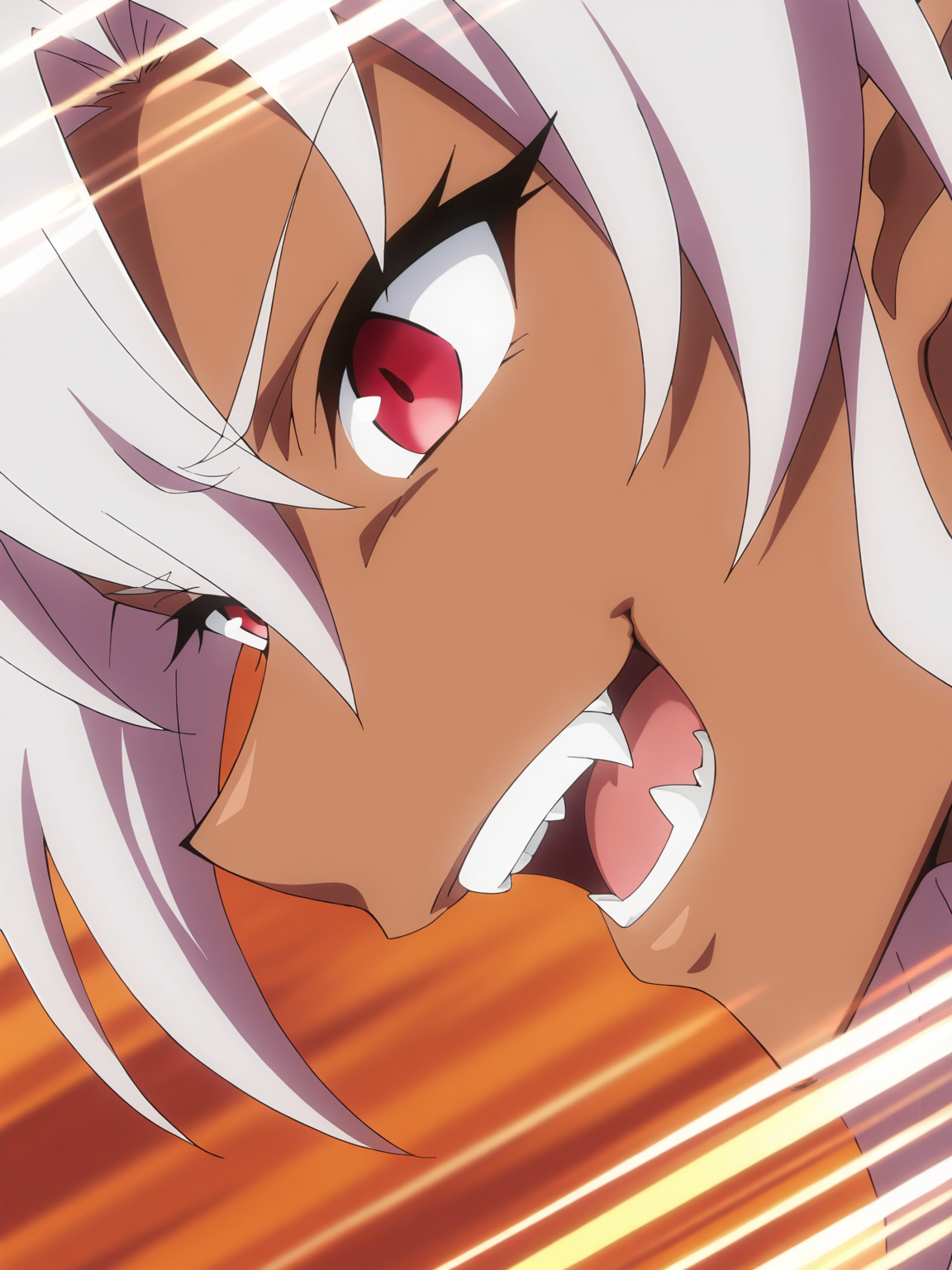 <lora:Heine:0.8>, heine, 1girl, solo, multicolored hair, white hair, pink hair, long hair, red eyes, pointy ears, dark-skinned female, smug, confident, frown, open mouth, teeth, fangs, looking ahead, leaning forward, attack, close-up, speed lines, abstract background, orange background