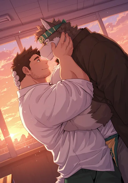 3ch1n, k0k0b001ll, 2boy, male, male focus, bara, ((masculine)), HorkeuKamui, wolf, brown and white fur, furry, yellow eyes, muscular, broad shoulders, thick thighs, huge pecs, shirtless, chest hair, headband, jacket over shoulders, pelvic curtain,
BREAK
Human, Housamo protagonist, short brown hair, stubble, muscular, large pecs, white button up shirt, 
embracing, in classroom, hands on each others face, looking at each other, size difference,
day, sunset, winter, Japanese classroom, large windows, soft shadows, rays of light, dust particles, blue lighting, contrast, (((dutch angle))), close up view, face focus, upper body only, foreshortening, creative angle,
masterpiece, best quality, absurdres, very aesthetic