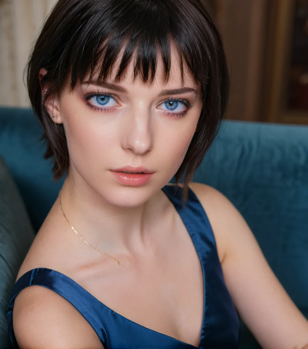 <lora:dmc5lady_08XL-000008:0.9>(dmc5lady woman:1.1),(heterochromia:1.5) with (left brown eye:1.2) and (right blue eye:1.2),face focus,1girl,wearing an elegant blue dress (close up:1.2),sitting on a sofa,with short black hair,with bangs,with perfect makeup,3d,35mm photograph,film,bokeh,professional,4k,highly detailed,masterpiece,award-winning,professional,highly detailed