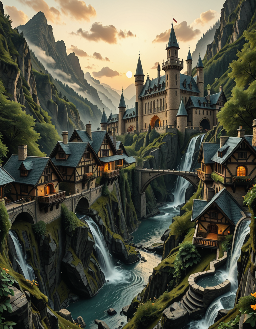 A breathtaking medieval fantasy city nestled in a lush valley, surrounded by towering mountains and dense forests. A grand castle with multiple towers and turrets stands atop a hill, overlooking the town below. The city consists of charming half-timbered houses with glowing windows, perched on rocky cliffs and connected by stone bridges over cascading waterfalls. The river flows through the village, reflecting the warm golden lights of lanterns and torches. Ivy and moss grow over the stone walls, adding to the enchanted, ancient atmosphere. The background features misty mountains with additional fortresses and watchtowers, partially hidden by low-hanging clouds. The sky is illuminated by a soft, warm sunset, casting a golden glow on the scenery, creating a perfect blend of realism and fantasy. Highly detailed, cinematic, and immersive, with a magical, fairy-tale ambiance.
<lora:SDXLFaeTastic2400:0.4> <lora:extremely_detailed:0.4> extremely detailed, ,medieval f4nt4sy c1ty <lora:medieval_f4nt4sy_c1ty-i:1>, Masterpiece,best quality,hi res,8k,hi res,8k,award winning,(sharp focus, intricate, highly detailed),