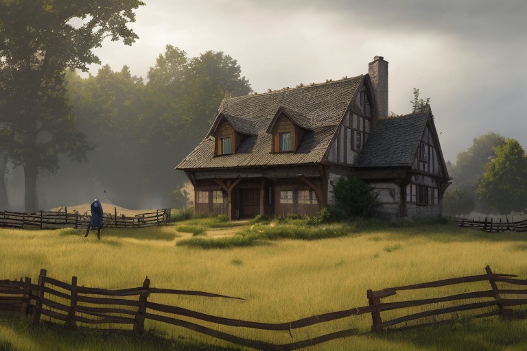 RAW photo, (masterpiece:1.3), subsurface scattering, heavy shadow, (high quality:1.4), (intricate, high detail:1.2), professional photography, HDR, High Dynamic Range, realistic, ultra realistic, photorealistic, high resolution, film photography, ambient lighting, atmospheric effects, <lora:detail_slider_v4:2>, OverallDetail, a medieval male farmer in simple clothes in front of a fantasy farmhouse, fields, fence,  fantfa, <lora:FantasyFarm:0.7>