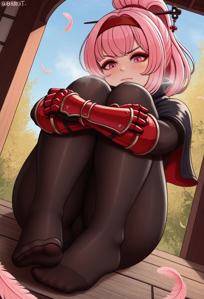 brikot,  outdoors, undershirt, falling feathers, black bodysuit, hair stick, hugging knees , gauntlets,   eyeshadow,   red gloves,  high ponytail,  , black capelet, red hairband, pink eyes, 1girl, solo, feet, visible breath,   dynamic angle, foreshortening, smell, steam,