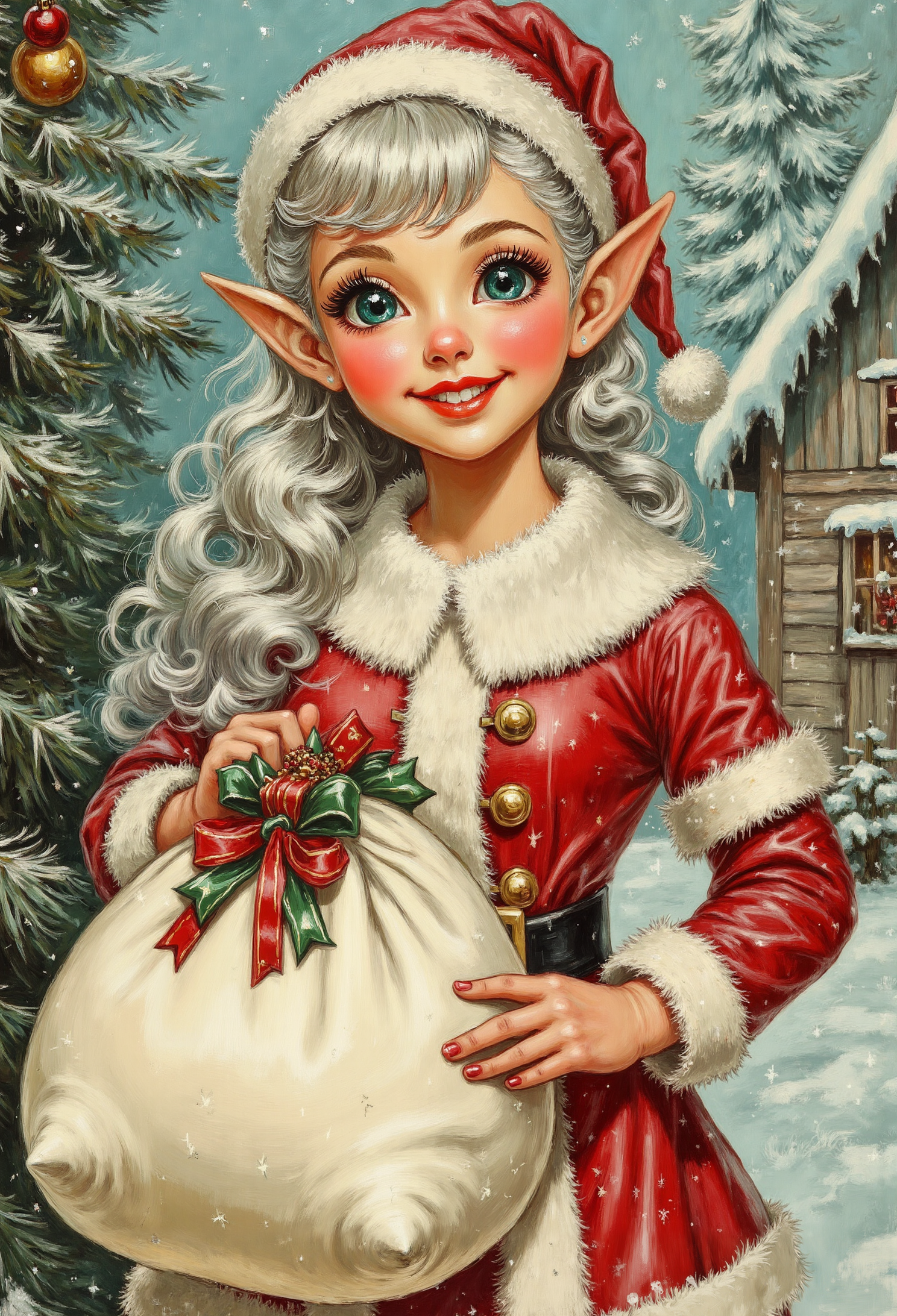 pstcs001, A cute 20-year-old Japanese woman transformed into an elf. Standing, full body. Fair skin. Long, narrow eyes. Pointy, long, thin ears. Silver hair that reaches the ground. She is wearing a cute red and white Santa Claus outfit. She is smiling and carrying a large white bag filled with presents. The elf's face is perfectly symmetrical and undeformed. She has five perfect fingers with no missing fingers. The background is a Christmas fairy village.